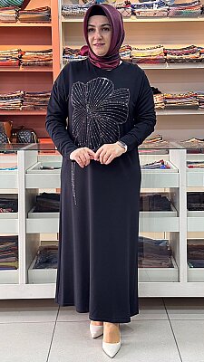 İZEL - Kristal Taşlı Penye Elbise Siyah / 5295