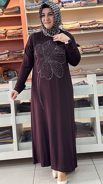 Kristal Taşlı Penye Elbise Kahve / 5295