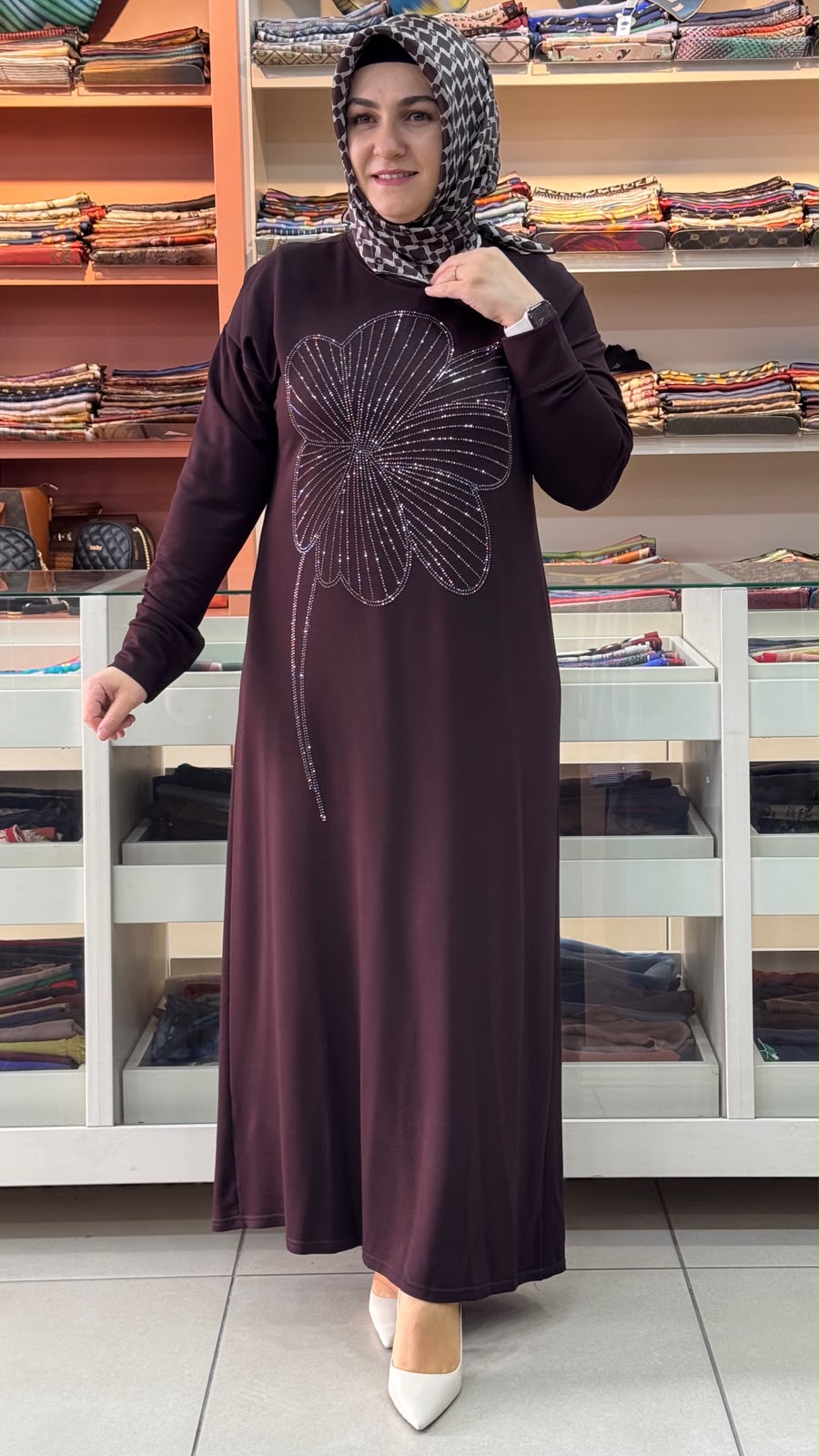 İZEL - Kristal Taşlı Penye Elbise Kahve / 5295