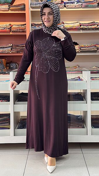 Kristal Taşlı Penye Elbise Kahve / 5295