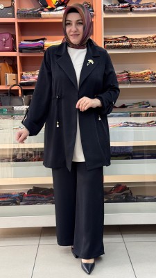 Kruvaze Yaka Belden Büzgülü Broşlu Takım Siyah/2602 - Thumbnail