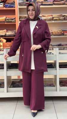 Kruvaze Yaka Belden Büzgülü Broşlu Takım Bordo/2602 - Thumbnail