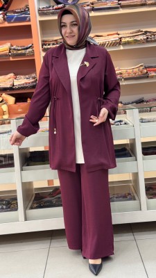 Kruvaze Yaka Belden Büzgülü Broşlu Takım Bordo/2602 - Thumbnail