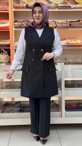 Kruvaze Yelekli Üçlü Takım Siyah/2527870