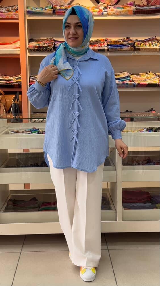 inza moda - Kurdale Detaylı Gömlek Tunik Mavi/2300