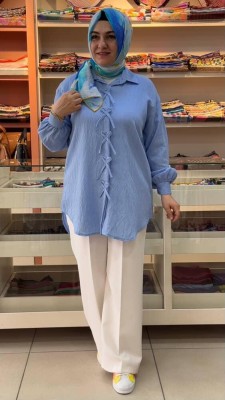 inza moda - Kurdale Detaylı Gömlek Tunik Mavi/2300