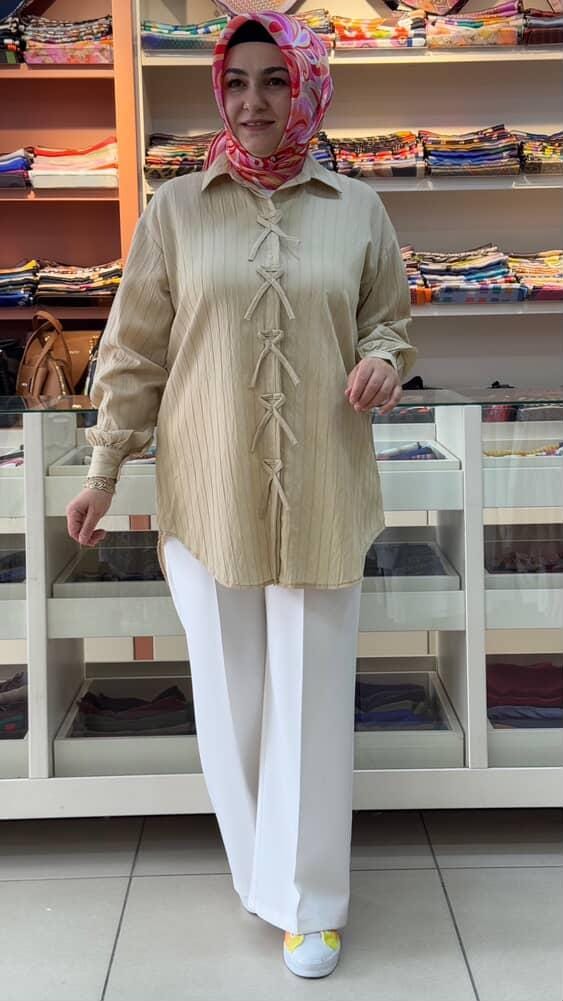 inza moda - Kurdale Detaylı Gömlek Tunik Taş/2300