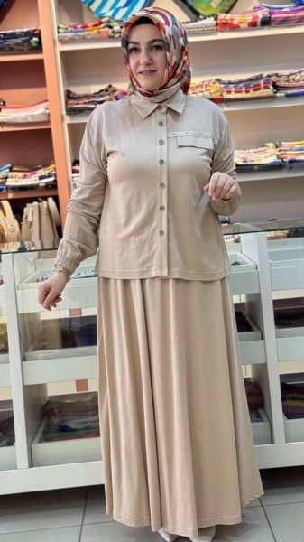 Kuş Gözü Detaylı Etekli Takım Bej/6036