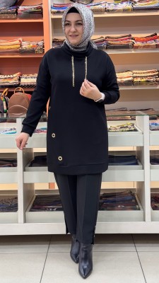 İnza Moda - Kuşgözü Detaylı Degaje Yaka Tunik Siyah/1295