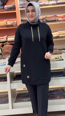 Kuşgözü Detaylı Degaje Yaka Tunik Siyah/1295 - Thumbnail