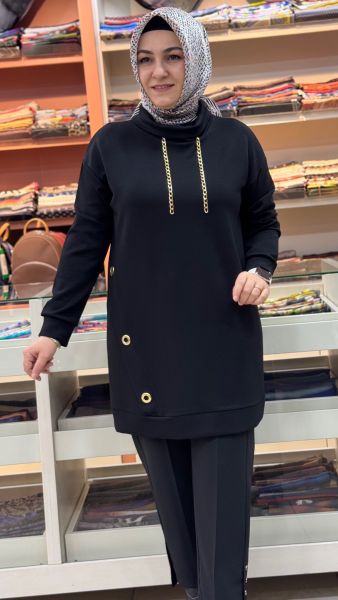 Kuşgözü Detaylı Degaje Yaka Tunik Siyah/1295