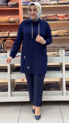 inza moda - Kuşgözü Detaylı Degaje Yaka Tunik Lacivert/1295