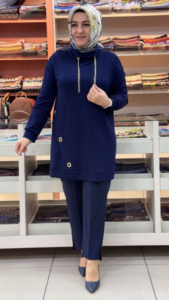 Kuşgözü Detaylı Degaje Yaka Tunik Lacivert/1295