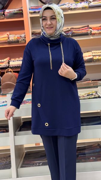 Kuşgözü Detaylı Degaje Yaka Tunik Lacivert/1295