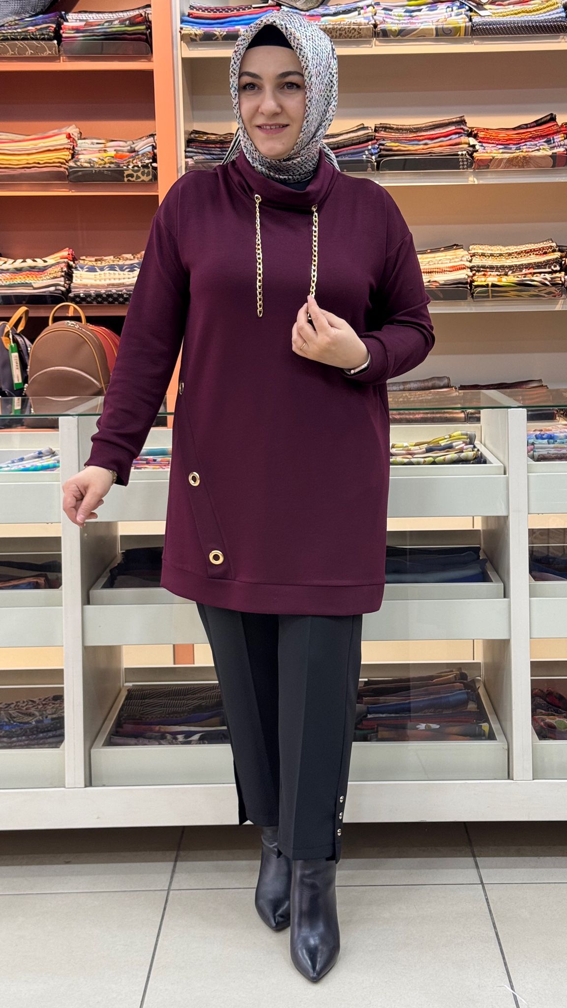 inza moda - Kuşgözü Detaylı Degaje Yaka Tunik Bordo/1295