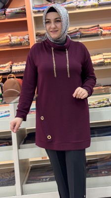 Kuşgözü Detaylı Degaje Yaka Tunik Bordo/1295 - Thumbnail