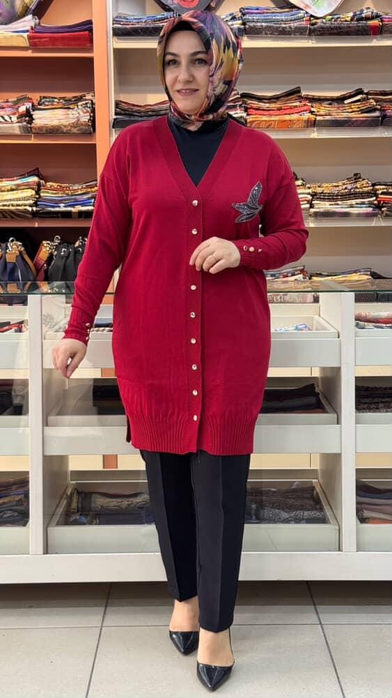  - Kuşlu Triko Hırka Kırmızı/3207