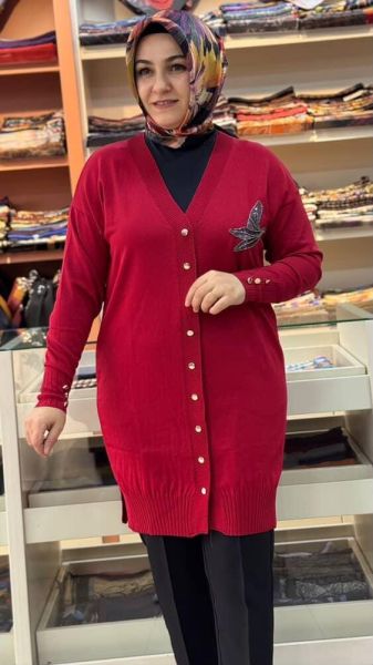 Kuşlu Triko Hırka Kırmızı/3207