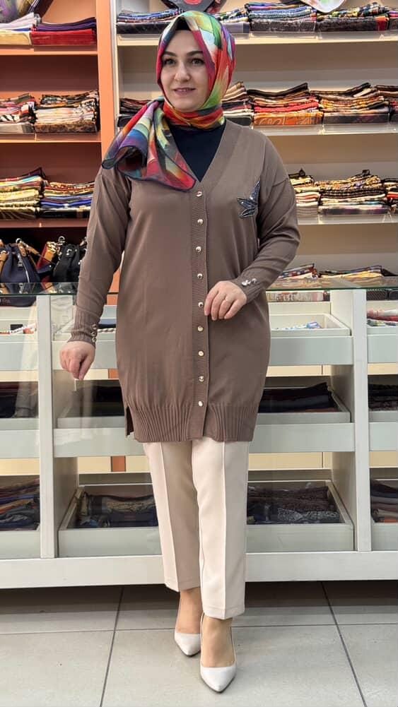  - Kuşlu Triko Hırka Kahve/3207