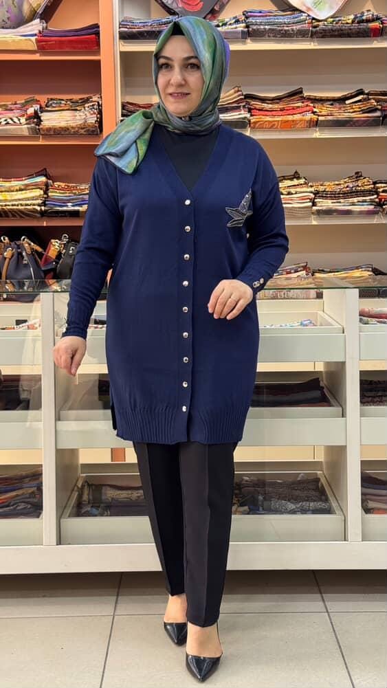  - Kuşlu Triko Hırka Lacivert/3207