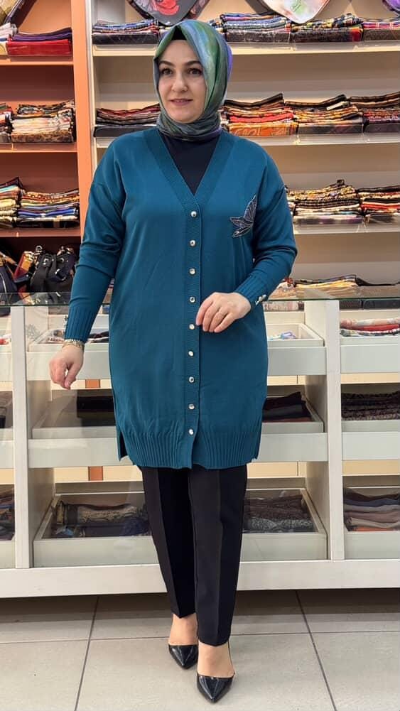  - Kuşlu Triko Hırka Petrol/3207