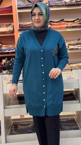 Kuşlu Triko Hırka Petrol/3207