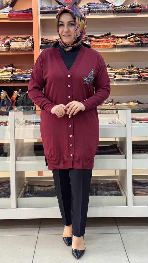  - Kuşlu Triko Hırka Bordo/3207