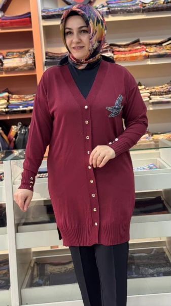 Kuşlu Triko Hırka Bordo/3207