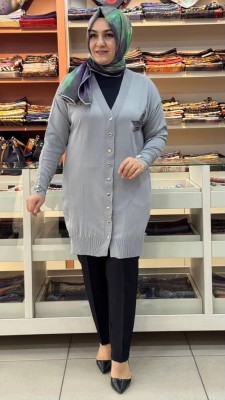  - Kuşlu Triko Hırka Gri/3207