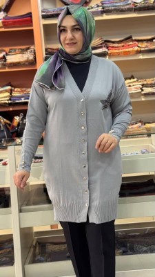 Kuşlu Triko Hırka Gri/3207 - Thumbnail
