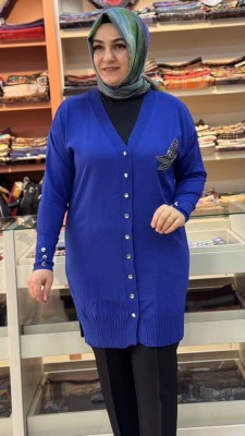 Kuşlu Triko Hırka Saks/3207 - Thumbnail