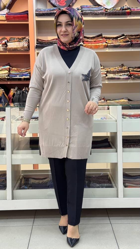  - Kuşlu Triko Hırka Vizon/3207