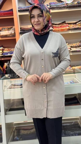 Kuşlu Triko Hırka Vizon/3207
