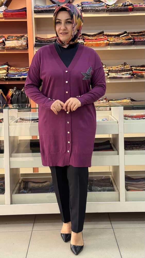  - Kuşlu Triko Hırka Mürdüm/3207