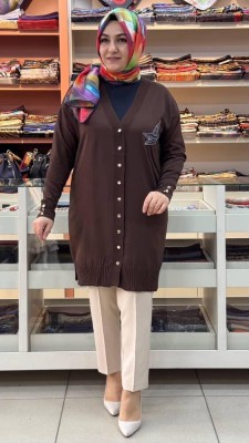  - Kuşlu Triko Hırka Acı Kahve/3207