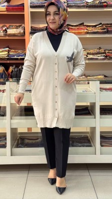  - Kuşlu Triko Hırka Krem/3207