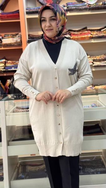 Kuşlu Triko Hırka Krem/3207