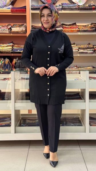 Kuşlu Triko Hırka Siyah/3207