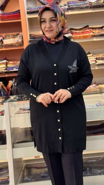 Kuşlu Triko Hırka Siyah/3207