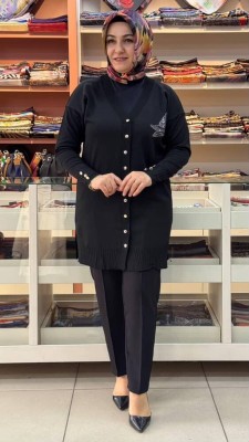  - Kuşlu Triko Hırka Siyah/3207