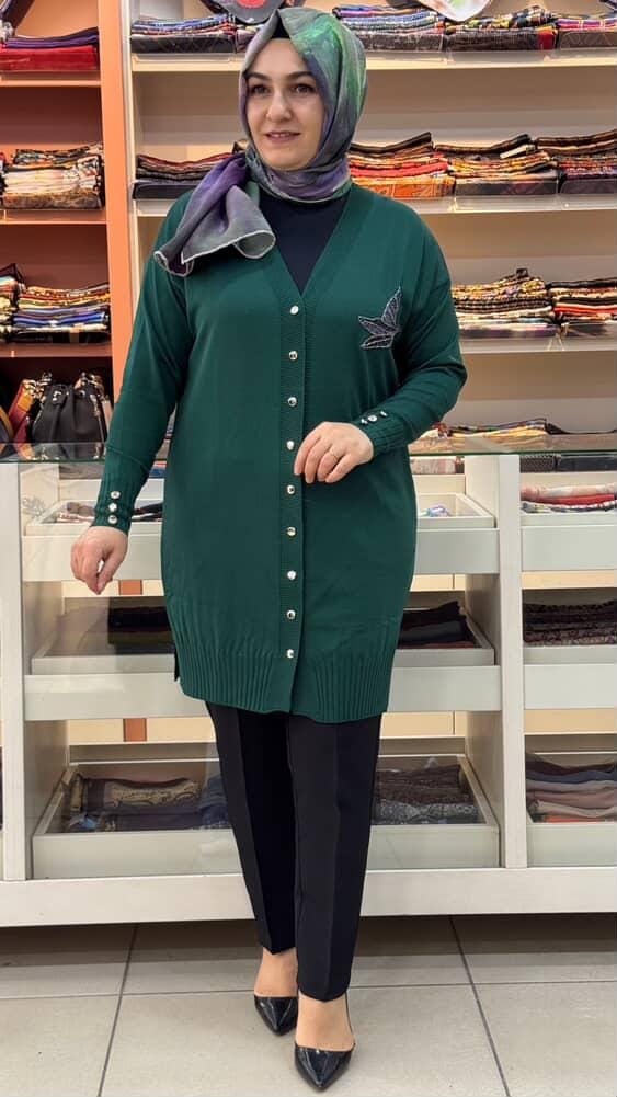  - Kuşlu Triko Hırka Zümrüt/3207