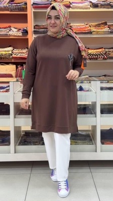 Kado - Lale Taş Detaylı Uzun Tunik Kahve/9653