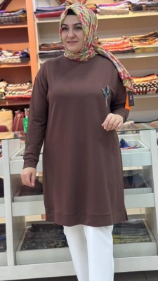 Lale Taş Detaylı Uzun Tunik Kahve/9653 - Thumbnail