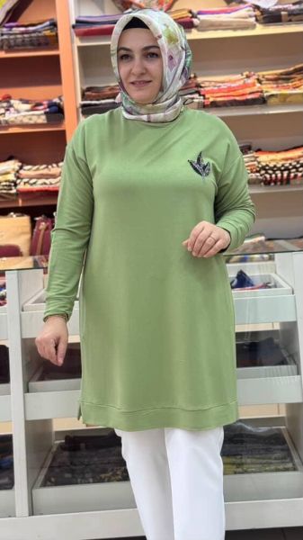 Lale Taş Detaylı Uzun Tunik Yeşil/9653