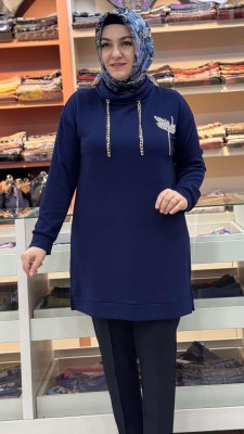 Lale Taş Detaylı Yaka Tunik Lacivert/1861 - Thumbnail