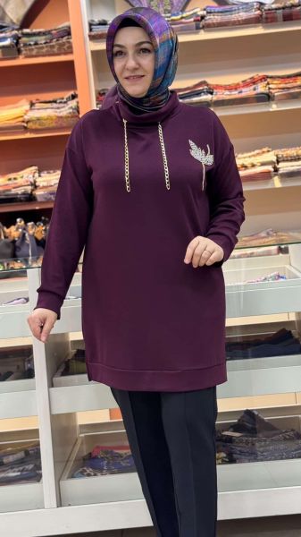 Lale Taş Detaylı Yaka Tunik Bordo/1861