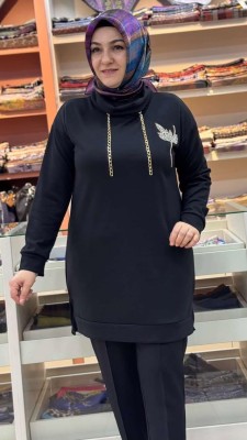 Lale Taş Detaylı Yaka Tunik Siyah/1861 - Thumbnail