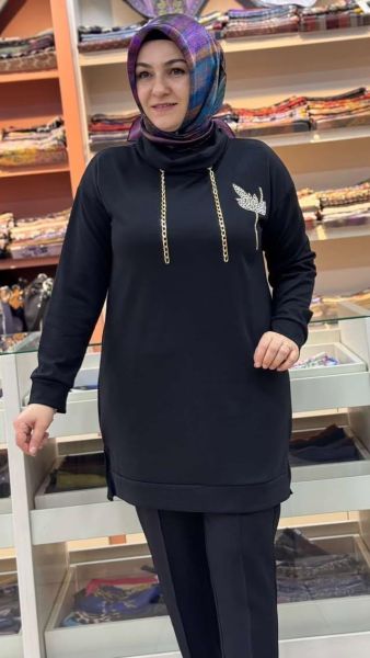 Lale Taş Detaylı Yaka Tunik Siyah/1861