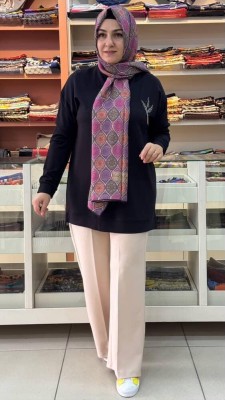Kado - Lale Taşlı Kısa Sweat Tunik Siyah/9667