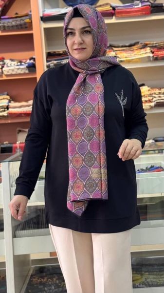 Lale Taşlı Kısa Sweat Tunik Siyah/9667